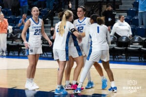 Creighton Bluejays celebrate Grace Boffeli (42) game winning shot during a college basketball game against Georgetown on Feb 4, 2026, in Omaha, Nebraska. Photo by Brandon Tiedemann