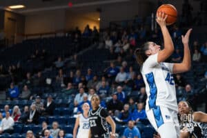 Creighton Bluejay Grace Boffeli (42) shoots a layup during a college basketball game against Georgetown on Feb 4, 2026, in Omaha, Nebraska. Photo by Brandon Tiedemann