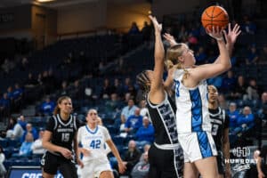 Creighton Bluejay Neleigh Gessert (23) shoots a layup during a college basketball game against Georgetown on Feb 4, 2026, in Omaha, Nebraska. Photo by Brandon Tiedemann