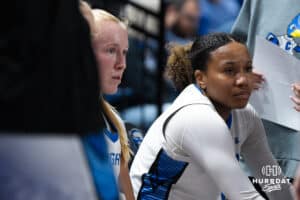 Creighton Bluejay Kendall McGee (1) sits during a timeout during a college basketball game against Georgetown on Feb 4, 2026, in Omaha, Nebraska. Photo by Brandon Tiedemann