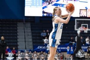Creighton Bluejay Neleigh Gessert (23) shoots a wide open three pointer during a college basketball game against Georgetown on Feb 4, 2026, in Omaha, Nebraska. Photo by Brandon Tiedemann