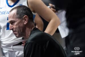 Creighton Bluejay head coach Jim Flanery speaks during a timeout during a college basketball game against Georgetown on Feb 4, 2026, in Omaha, Nebraska. Photo by Brandon Tiedemann