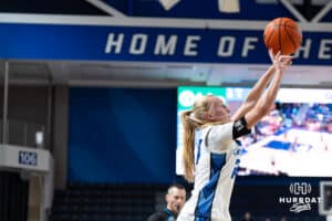 Creighton Bluejay Neleigh Gessert (23) shoots a three pointer during a college basketball game against Georgetown on Feb 4, 2026, in Omaha, Nebraska. Photo by Brandon Tiedemann
