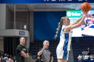Creighton Bluejay Neleigh Gessert (23) shoots a three pointer during a college basketball game against Georgetown on Feb 4, 2026, in Omaha, Nebraska. Photo by Brandon Tiedemann