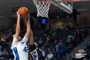 Creighton Bluejay Grace Boffeli (42) grabs a rebound during a college basketball game against Georgetown on Feb 4, 2026, in Omaha, Nebraska. Photo by Brandon Tiedemann