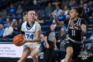 Creighton Bluejay Ava Zediker (24) looks to shoot during a college basketball game against Georgetown on Feb 4, 2026, in Omaha, Nebraska. Photo by Brandon Tiedemann