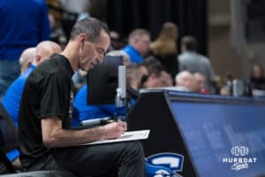 Creighton Bluejay head coach Jim Flanery draws a play during a college basketball game against Georgetown on Feb 4, 2026, in Omaha, Nebraska. Photo by Brandon Tiedemann