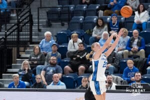 Creighton Bluejay Neleigh Gessert (23) shoots a half court shot during a college basketball game against Georgetown on Feb 4, 2026, in Omaha, Nebraska. Photo by Brandon Tiedemann