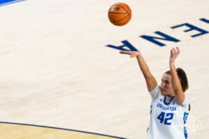 Creighton Bluejay Grace Boffeli (42) shoots a free throw during a college basketball game against Georgetown on Feb 4, 2026, in Omaha, Nebraska. Photo by Brandon Tiedemann