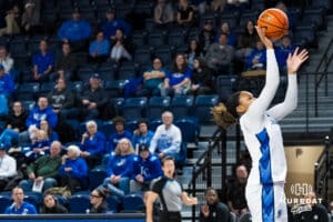 Creighton Bluejay Kendall McGee (1) shoots a floater during a college basketball game against Georgetown on Feb 4, 2026, in Omaha, Nebraska. Photo by Brandon Tiedemann