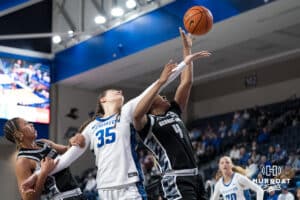 Creighton Bluejay Elizabeth Gentry (35) looks to grab a rebound during a college basketball game against Georgetown on Feb 4, 2026, in Omaha, Nebraska. Photo by Brandon Tiedemann