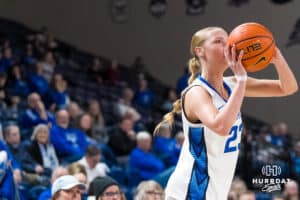 Creighton Bluejay Neleigh Gessert (23) shoots a three pointer during a college basketball game against Georgetown on Feb 4, 2026, in Omaha, Nebraska. Photo by Brandon Tiedemann