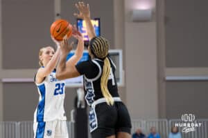 Creighton Bluejay Neleigh Gessert (23) shoots a three pointer during a college basketball game against Georgetown on Feb 4, 2026, in Omaha, Nebraska. Photo by Brandon Tiedemann