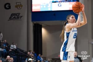 Creighton Bluejay Allison Heathcock (13) shoots a three pointer during a college basketball game against Georgetown on Feb 4, 2026, in Omaha, Nebraska. Photo by Brandon Tiedemann
