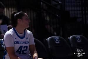 Creighton Bluejay Grace Boffeli (42) watches the introduction during a college basketball game against Georgetown on Feb 4, 2026, in Omaha, Nebraska. Photo by Brandon Tiedemann