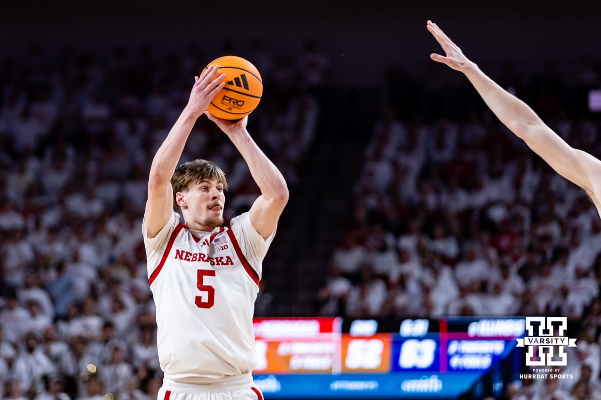 Nebraska Cornhusker forward Braden Frager (5) makes a three point basket against the Illinois Fighting Illini in the second half during a college basketball game on Sunday, Feb. 1, 2026, in Lincoln, Nebraska. Photo by John S. Peterson.