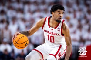 Nebraska Cornhusker guard Jamarques Lawrence (10) dribbles the ball against the Illinois Fighting Illini in the second half during a college basketball game on Sunday, Feb. 1, 2026, in Lincoln, Nebraska. Photo by John S. Peterson.