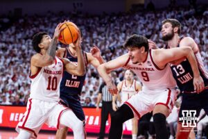 Nebraska Cornhusker guard Jamarques Lawrence (10) makes a lay up against the Illinois Fighting Illini in the second half during a college basketball game on Sunday, Feb. 1, 2026, in Lincoln, Nebraska. Photo by John S. Peterson.