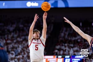 Nebraska Cornhusker forward Braden Frager (5) makes a three point basket against the Illinois Fighting Illini in the second half during a college basketball game on Sunday, Feb. 1, 2026, in Lincoln, Nebraska. Photo by John S. Peterson.