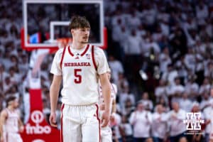 Nebraska Cornhusker forward Braden Frager (5) walks down the court against the Illinois Fighting Illini in the second half during a college basketball game on Sunday, Feb. 1, 2026, in Lincoln, Nebraska. Photo by John S. Peterson.