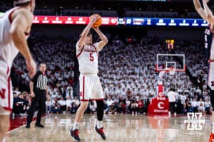 Nebraska Cornhusker forward Braden Frager (5) makes a three point basket against the Illinois Fighting Illini in the second half during a college basketball game on Sunday, Feb. 1, 2026, in Lincoln, Nebraska. Photo by John S. Peterson.