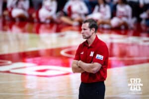 Nebraska Cornhusker head coach Fred Hoiberg watching the action on the the court against the Illinois Fighting Illini in the first half during a college basketball game on Sunday, Feb. 1, 2026, in Lincoln, Nebraska. Photo by John S. Peterson.