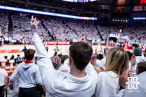Nebraska Cornhuskers fan celebrares a three point basket against the Illinois Fighting Illini during a college basketball game on Sunday, Feb. 1, 2026, in Lincoln, Nebraska. Photo by John S. Peterson.