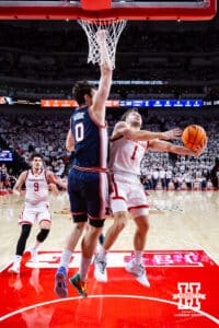 Nebraska Cornhusker guard Sam Hoiberg (1) makes a lay up agianst the Illinois Fighting Illini in the second half during a college basketball game on Sunday, Feb. 1, 2026, in Lincoln, Nebraska. Photo by John S. Peterson.