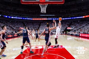 Nebraska Cornhusker forward Braden Frager (5) makes a jump shot against Illinois Fighting Illini center Zvonimir Ivisic (44) in the first half during a college basketball game on Sunday, Feb. 1, 2026, in Lincoln, Nebraska. Photo by John S. Peterson.