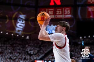 Nebraska Cornhusker forward Braden Frager (5) makes a three point basket against the Illinois Fighting Illini in the first half during a college basketball game on Sunday, Feb. 1, 2026, in Lincoln, Nebraska. Photo by John S. Peterson.
