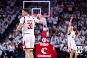 Nebraska Cornhusker guard Cale Jacobsen (31) and forward Pryce Sandfort (21) celebrate Jacobsen's basket against the Illinois Fighting Illini in the first half during a college basketball game on Sunday, Feb. 1, 2026, in Lincoln, Nebraska. Photo by John S. Peterson.
