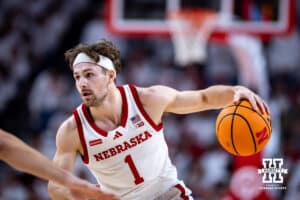 Nebraska Cornhusker guard Sam Hoiberg (1) dribbles the ball down the court against the Illinois Fighting Illini in the first half during a college basketball game on Sunday, Feb. 1, 2026, in Lincoln, Nebraska. Photo by John S. Peterson.