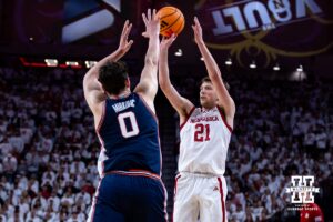 Nebraska Cornhusker forward Pryce Sandfort (21) makes a three point basket against the Illinois Fighting Illini in the first half during a college basketball game on Sunday, Feb. 1, 2026, in Lincoln, Nebraska. Photo by John S. Peterson.