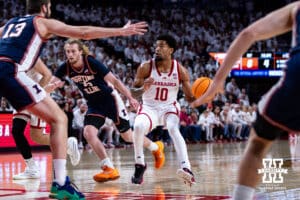 Nebraska Cornhusker guard Jamarques Lawrence (10) dribbles the ball against the Illinois Fighting Illini in the first half during a college basketball game on Sunday, Feb. 1, 2026, in Lincoln, Nebraska. Photo by John S. Peterson.