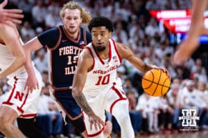 Nebraska Cornhusker guard Jamarques Lawrence (10) gives a signal against the Illinois Fighting Illini in the first half during a college basketball game on Sunday, Feb. 1, 2026, in Lincoln, Nebraska. Photo by John S. Peterson.