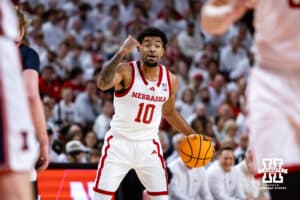 Nebraska Cornhusker guard Jamarques Lawrence (10) gives a signal against the Illinois Fighting Illini in the first half during a college basketball game on Sunday, Feb. 1, 2026, in Lincoln, Nebraska. Photo by John S. Peterson.