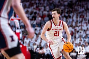 Nebraska Cornhusker forward Pryce Sandfort (21) dribbles the ball against the Illinois Fighting Illini in the first half during a college basketball game on Sunday, Feb. 1, 2026, in Lincoln, Nebraska. Photo by John S. Peterson.
