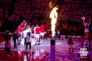 Nebraska Cornhusker forward Pryce Sandfort (21) is introduced to the fans before a college basketball game against the Illinois Fighting Illini on Sunday, Feb. 1, 2026, in Lincoln, Nebraska. Photo by John S. Peterson.
