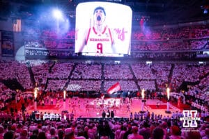 Nebraska Cornhuskers and the Illinois Fighting Illini players are introduced before a college basketball game on Sunday, Feb. 1, 2026, in Lincoln, Nebraska. Photo by John S. Peterson.