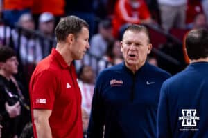 Nebraska Cornhusker head coach Fred Hoiberg and Illinois Fighting Illini head coach Brad Underwood talk before the start of the game basketball game on Sunday, Feb. 1, 2026, in Lincoln, Nebraska. Photo by John S. Peterson.