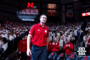 Nebraska Cornhusker head coach Fred Hoiberg walks out to take on the Illinois Fighting Illini during a college basketball game on Sunday, Feb. 1, 2026, in Lincoln, Nebraska. Photo by John S. Peterson.