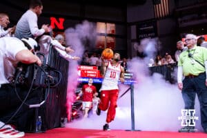Nebraska Cornhusker guard Jamarques Lawrence (10) leads the Huskers out to the court to take on the Illinois Fighting Illini during a college basketball game on Sunday, Feb. 1, 2026, in Lincoln, Nebraska. Photo by John S. Peterson.