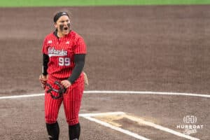 Nebraska Cornhusker Alexis Jensen (99) celebrates during a college softball game against Creighton on March 31, 2026, in Omaha, Nebraska. Photo by Brandon Tiedemann