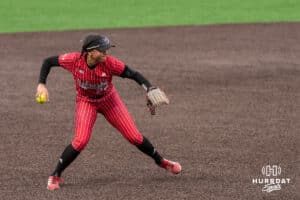 Nebraska Cornhusker Samantha Bland (29) throws to first base during a college softball game against Creighton on March 31, 2026, in Omaha, Nebraska. Photo by Brandon Tiedemann