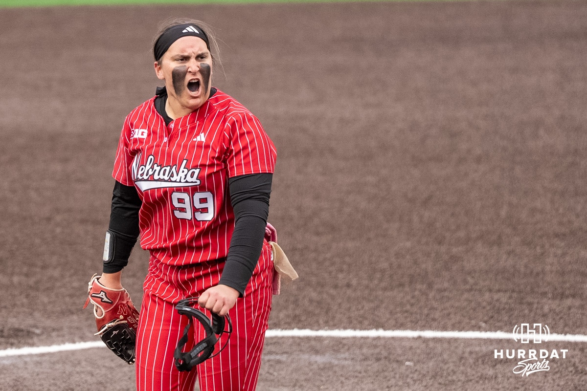 Nebraska Cornhusker Alexis Jensen (99) celebrates a strike out during a college softball game against Creighton on March 31, 2026, in Omaha, Nebraska. Photo by Brandon Tiedemann