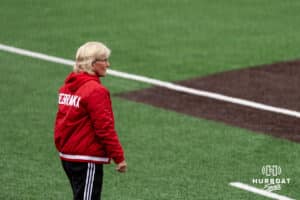 Nebraska Cornhusker head coach Rhonda Revelle during a college softball game against Creighton on March 31, 2026, in Omaha, Nebraska. Photo by Brandon Tiedemann