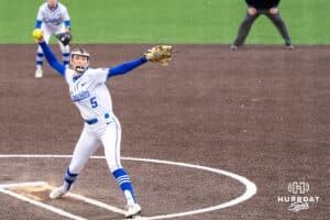 Creighton Bluejay Landrie Harris (5) pitches during a college softball game against Nebraska on March 31, 2026, in Omaha, Nebraska. Photo by Brandon Tiedemann