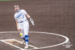 Creighton Bluejay Audrey Gilman (3) pitches during a college softball game against Nebraska on March 31, 2026, in Omaha, Nebraska. Photo by Brandon Tiedemann