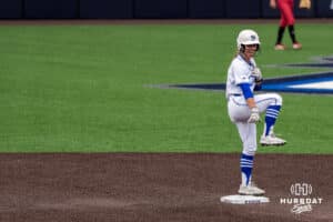 Creighton Bluejay Avery Barnard (19) celebrates her double during a college softball game against Nebraska on March 31, 2026, in Omaha, Nebraska. Photo by Brandon Tiedemann