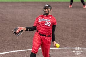 Nebraska Cornhusker Alexis Jensen (99) pitches during a college softball game against Creighton on March 31, 2026, in Omaha, Nebraska. Photo by Brandon Tiedemann